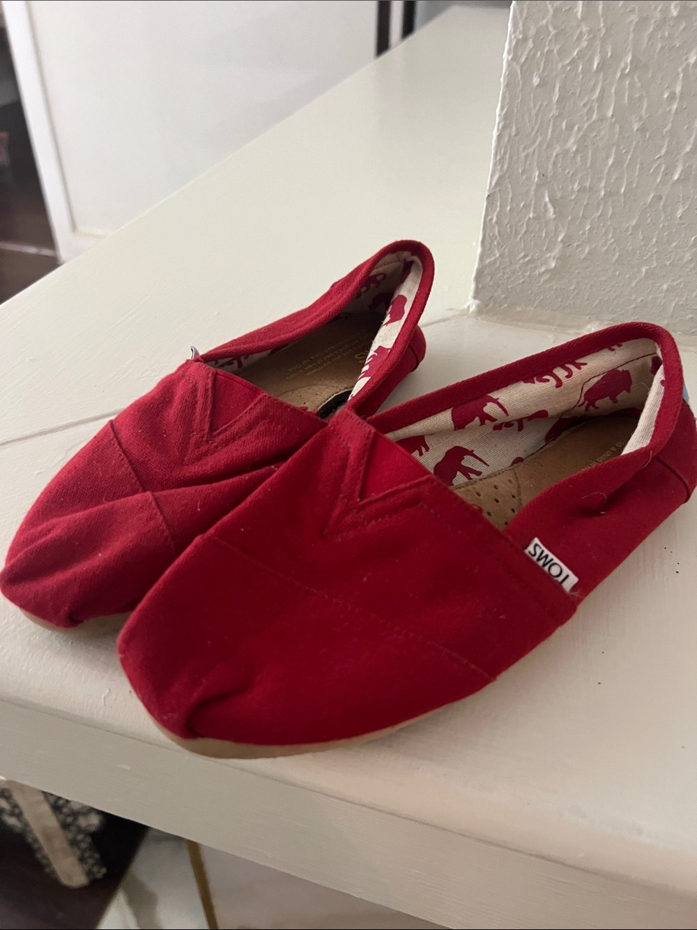 TOMS Red Canvas Slip-On Flats with Printed Lining